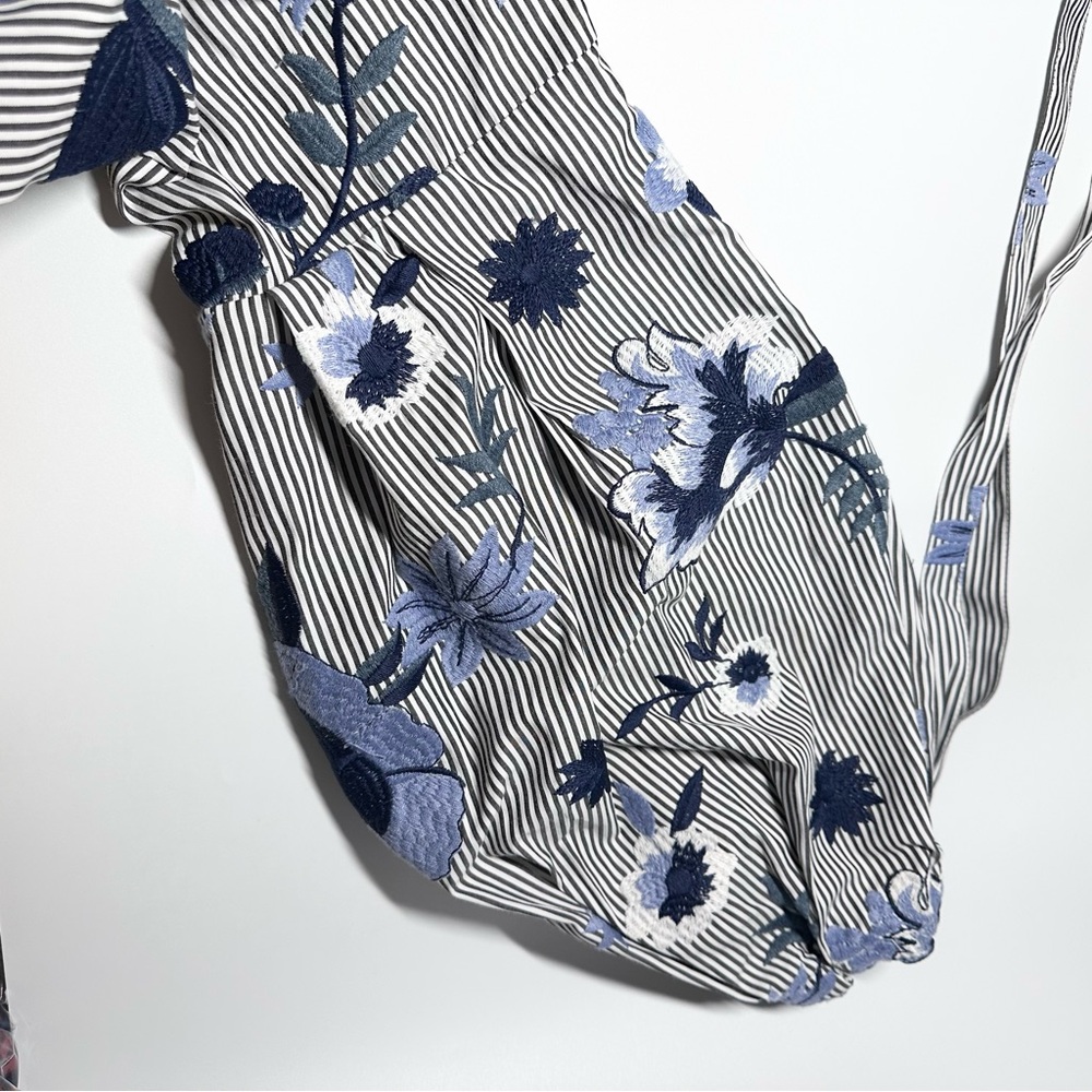 Nanette Lepore Floral Embroidered Boho Button Up Shirt Size L Balloon Sleeve tie - Picture 7 of 12
